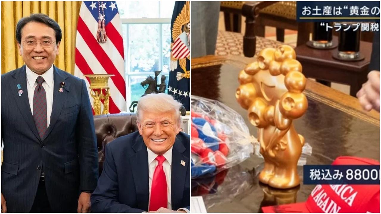 日本赤澤亮正赴美國就關稅談判,送特朗普中國製「脈脈」錢罌。(網上圖片)