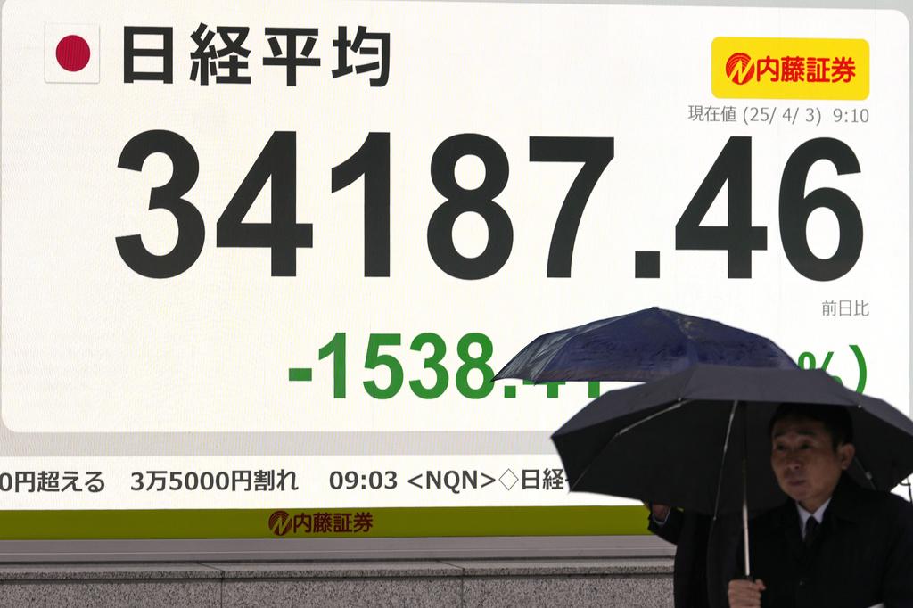 特朗普關稅戰|亞太區股市一度急挫 日股跌逾1600點最傷。(AP)