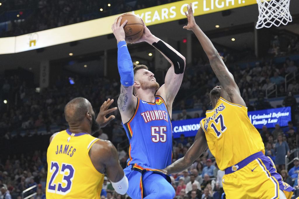 雷霆136:120擊敗湖人。(美聯社)