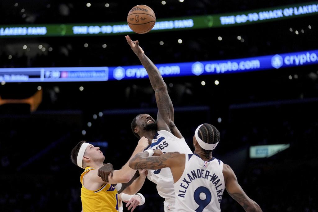 湖人94:85擊敗木狼,場數追平1:1。(美聯社)