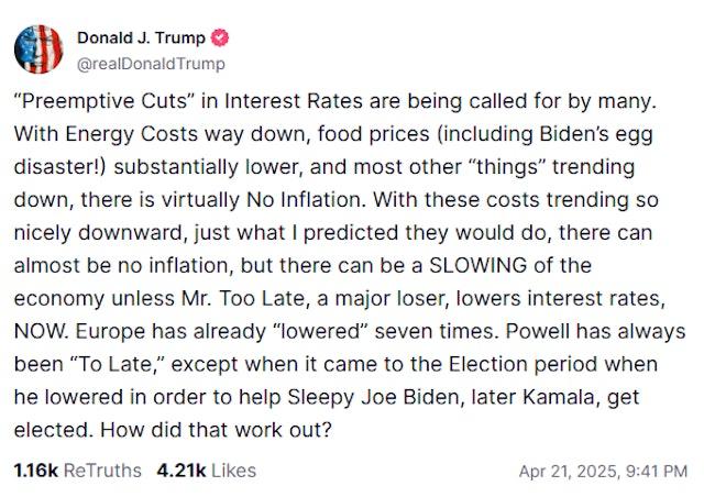 特朗普批評鮑威爾是「太遲先生」及「主要失敗者」。(Truth Social網站截圖)