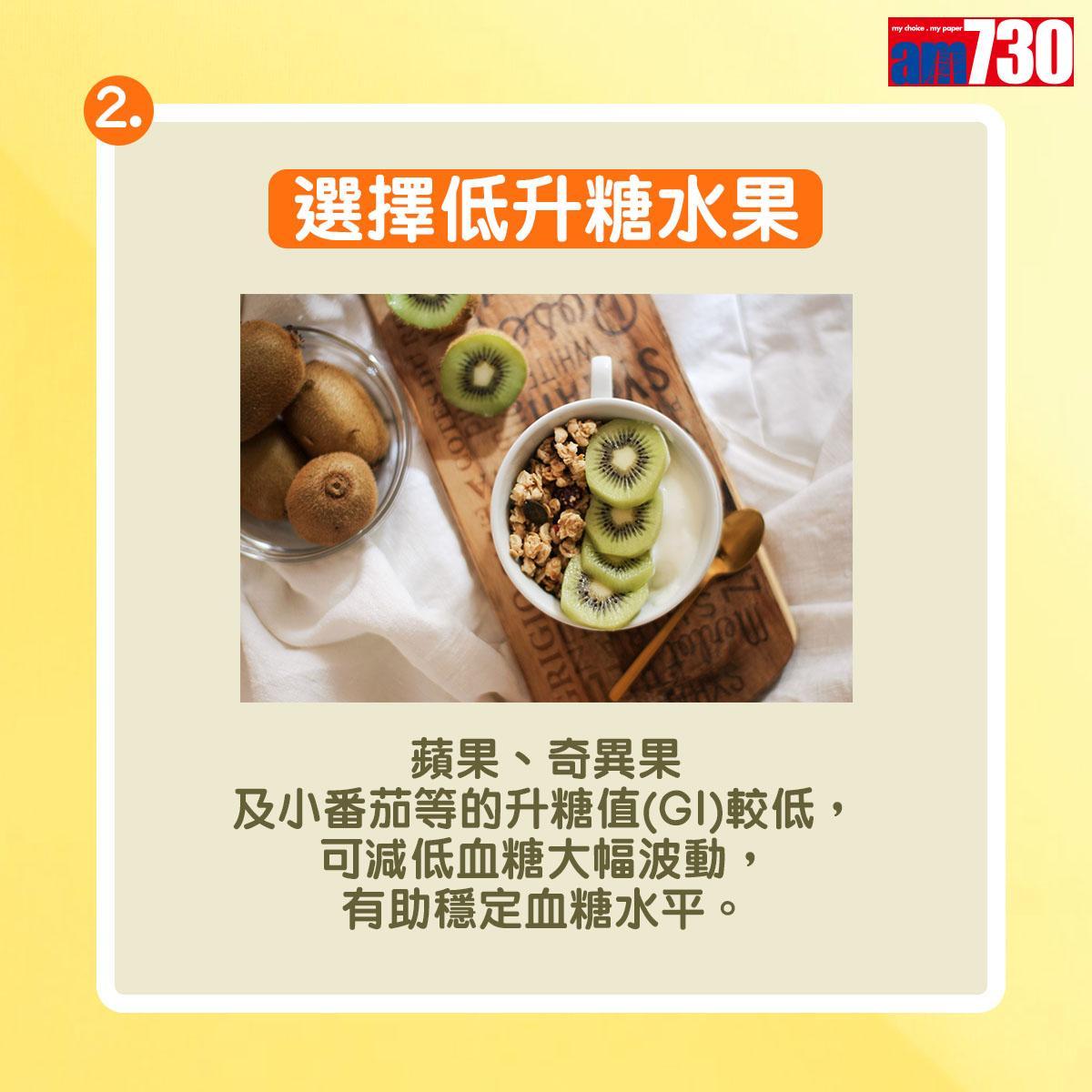 健康食用生果準則|選擇低升糖水果:蘋果、奇異果及小番茄等的升糖值(GI)較低,可減低血糖大幅波動,有助穩定血糖水平。(am730製圖)