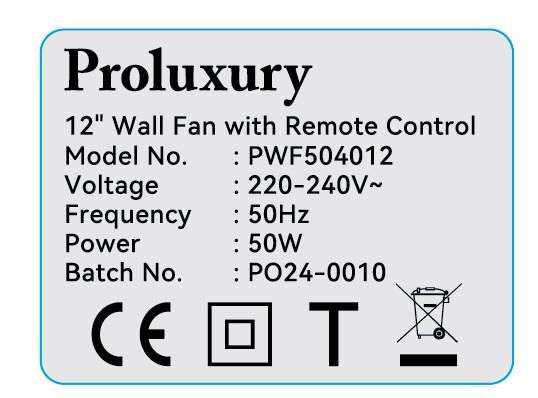 Proluxury掛牆扇的標籤及批次。(政府新聞處)