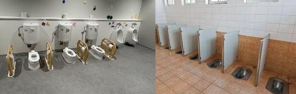 日本網民將世博的兒童廁所與中國的公廁比例。(網上圖片)