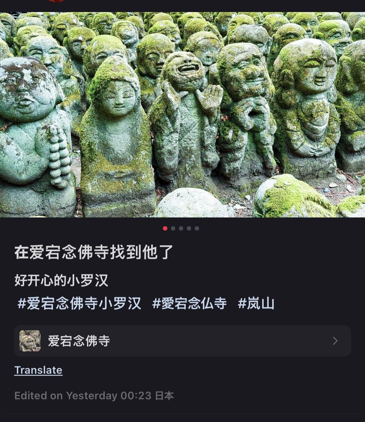 中國遊客在社交媒體分享寺廟的相片。(網上截圖)