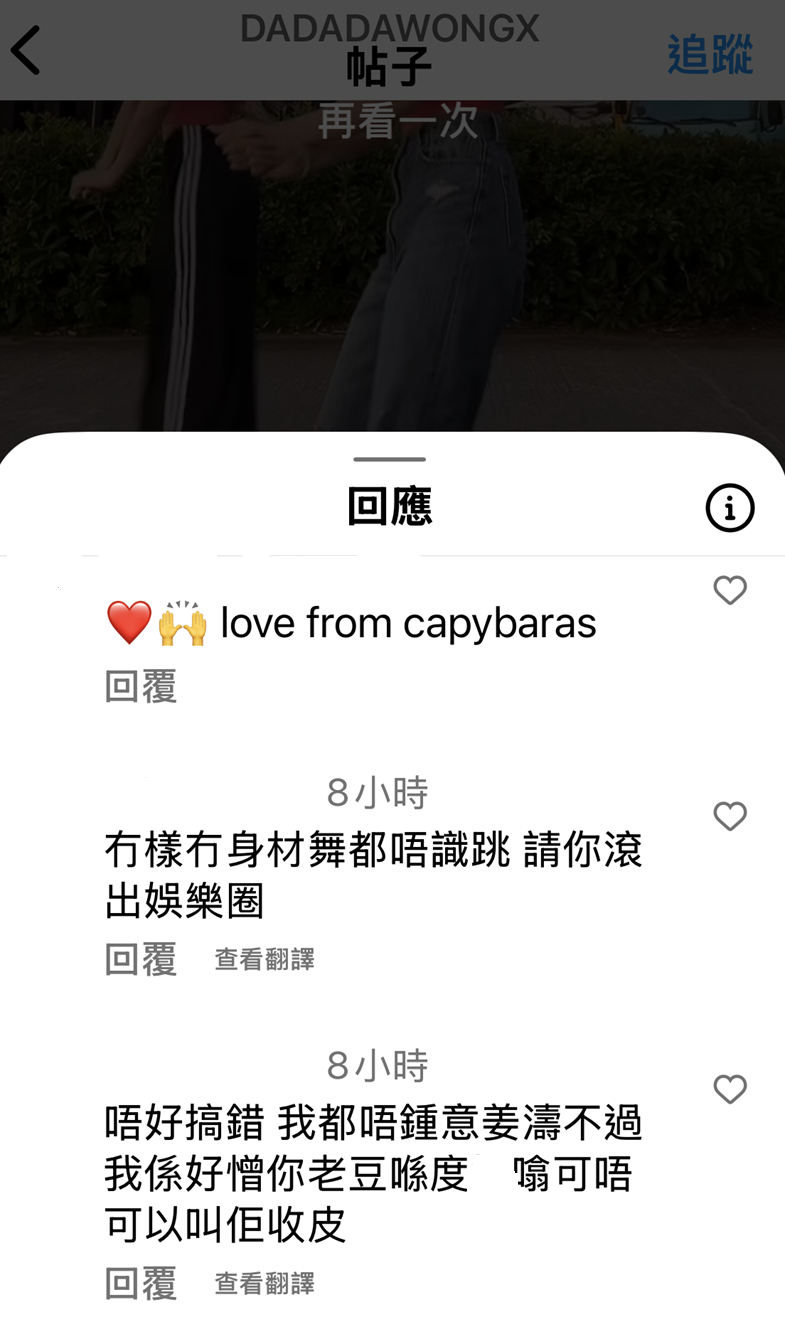 網民在王子涵IG留言攻擊。