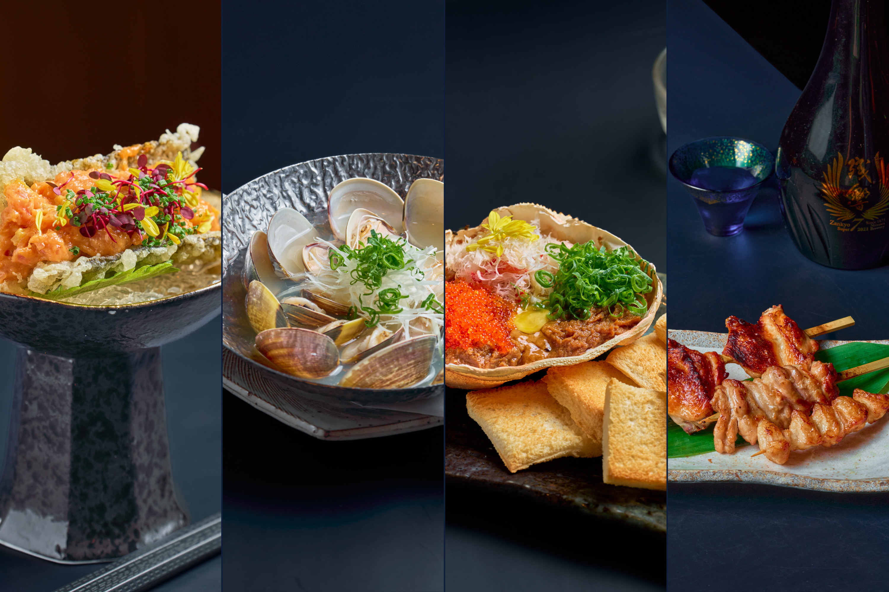 IZA Izakaya 以匠心日式料理演繹和食美學!蔥吞拿魚蓉他他配海苔天婦羅,以綿密魚蓉與酥脆海 苔碰撞出外脆內嫩的雙重口感。清酒牛油煮蜆巧妙運用醇厚酒香,完美引出蜆肉的鮮甜滋味。蟹味 4 噌甲羅燒將濃郁蟹膏與味噌完美融合後炙燒,搭配現烤多士薄片,創造出令人驚艷的豐富層次。再 配上多款以炭火直烤的誘人串燒,讓人忍不住一口接一口!