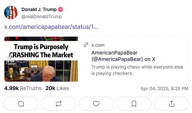 影片開頭提到特朗普正在引發股市崩盤,但這是故意為之。(特朗普社交平台截圖)