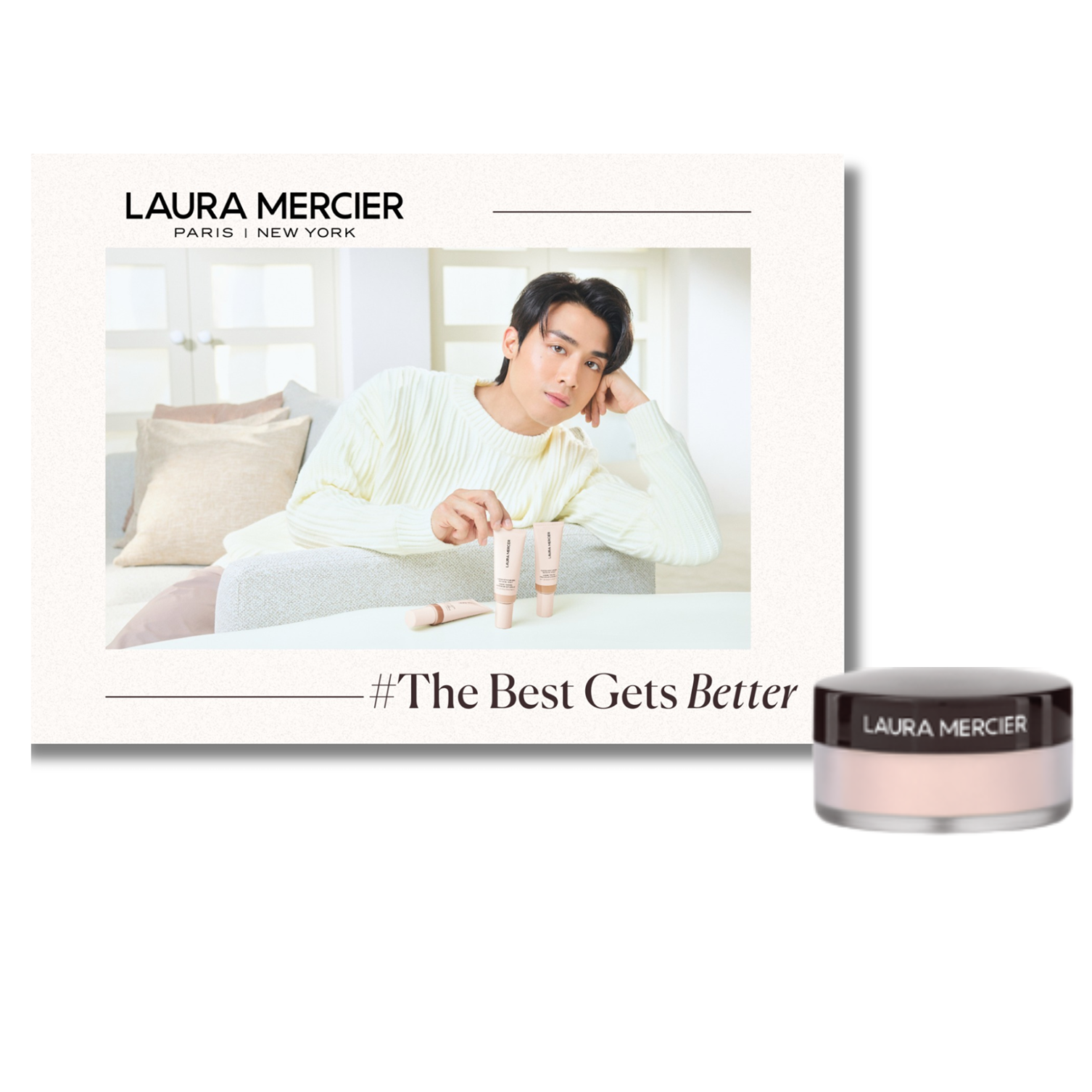 凡於Laura Mercier官網成功登記及完成15分鐘輕底妝體驗服務,即可獲贈迷你粉嫩透亮蜜粉及限量To My Best親跡印刷明信片一份。