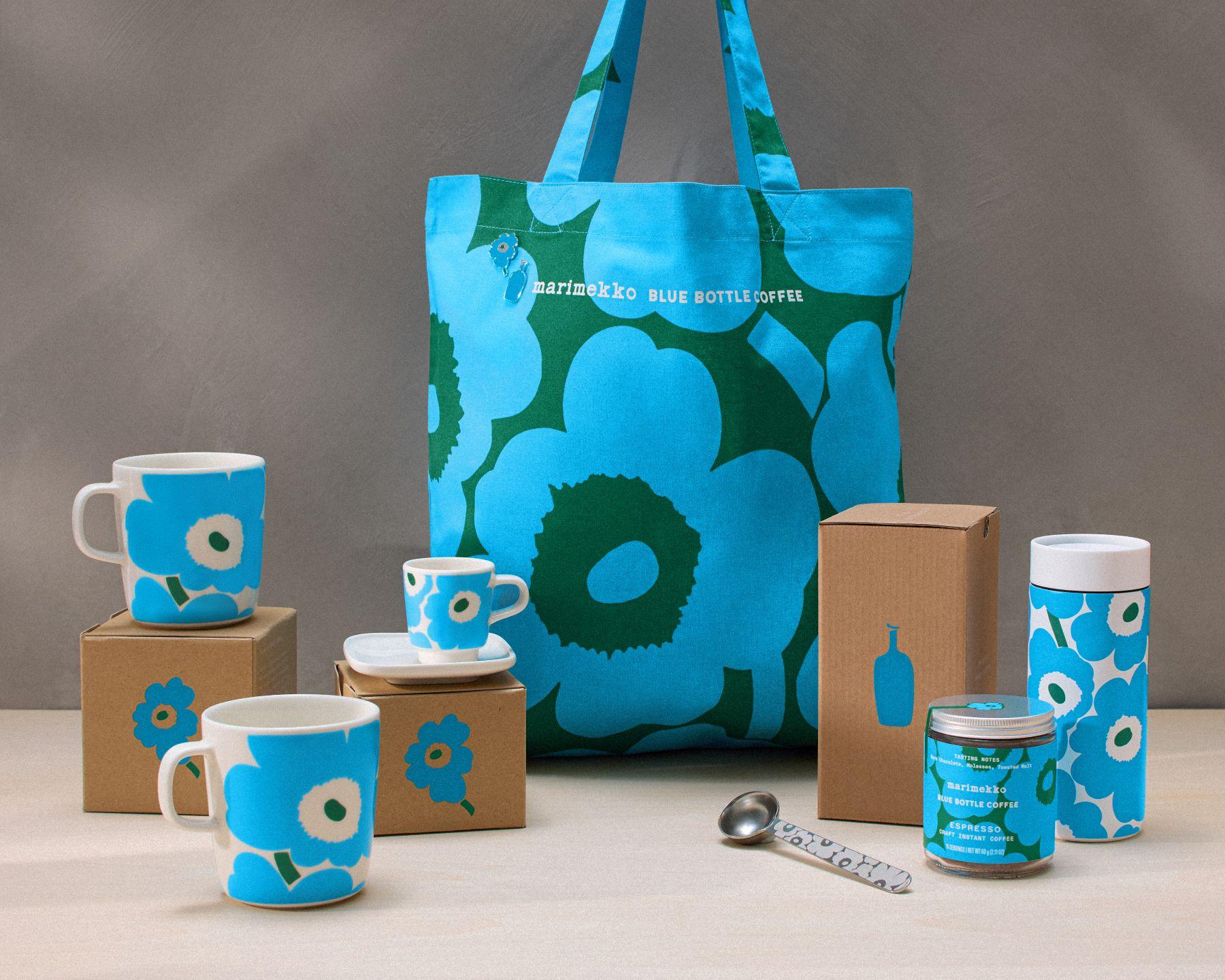 Marimekko X Blue Bottle Coffee咖啡杯$300、濃縮咖啡杯與托盤$330、布袋$395