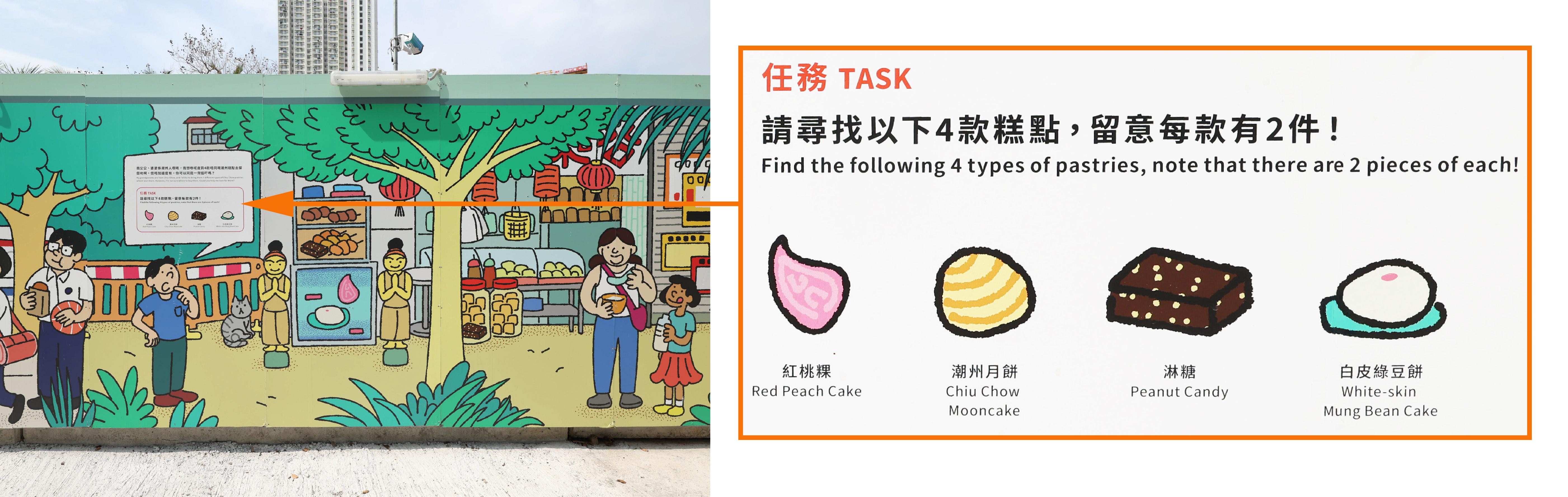 40米的圍板除畫作創作外,更加入遊戲元素,讓途徑圍板的市民「邊行邊玩」,在畫作中尋找例如紅桃粿、潮州月餅和淋糖等特色潮州點心,加深對潮州美食和文化的認識。