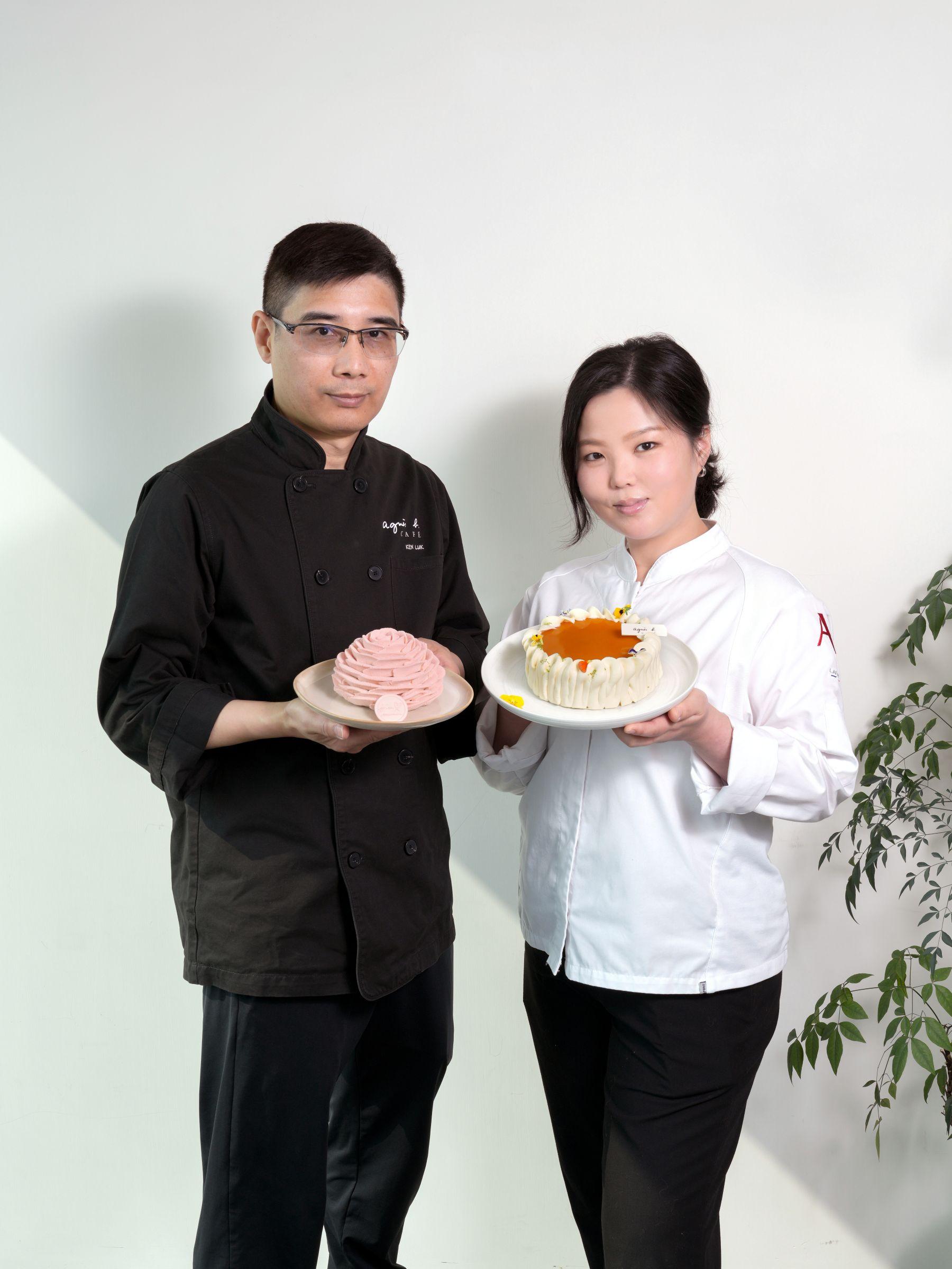 agnès b. CAFÉ資深行政糕餅總廚Ken Luk與Elle & Vire Professionnel香港品牌大使、甜點主廚Mandy Siu,攜手創作兩款「法國五月」限定蛋糕。