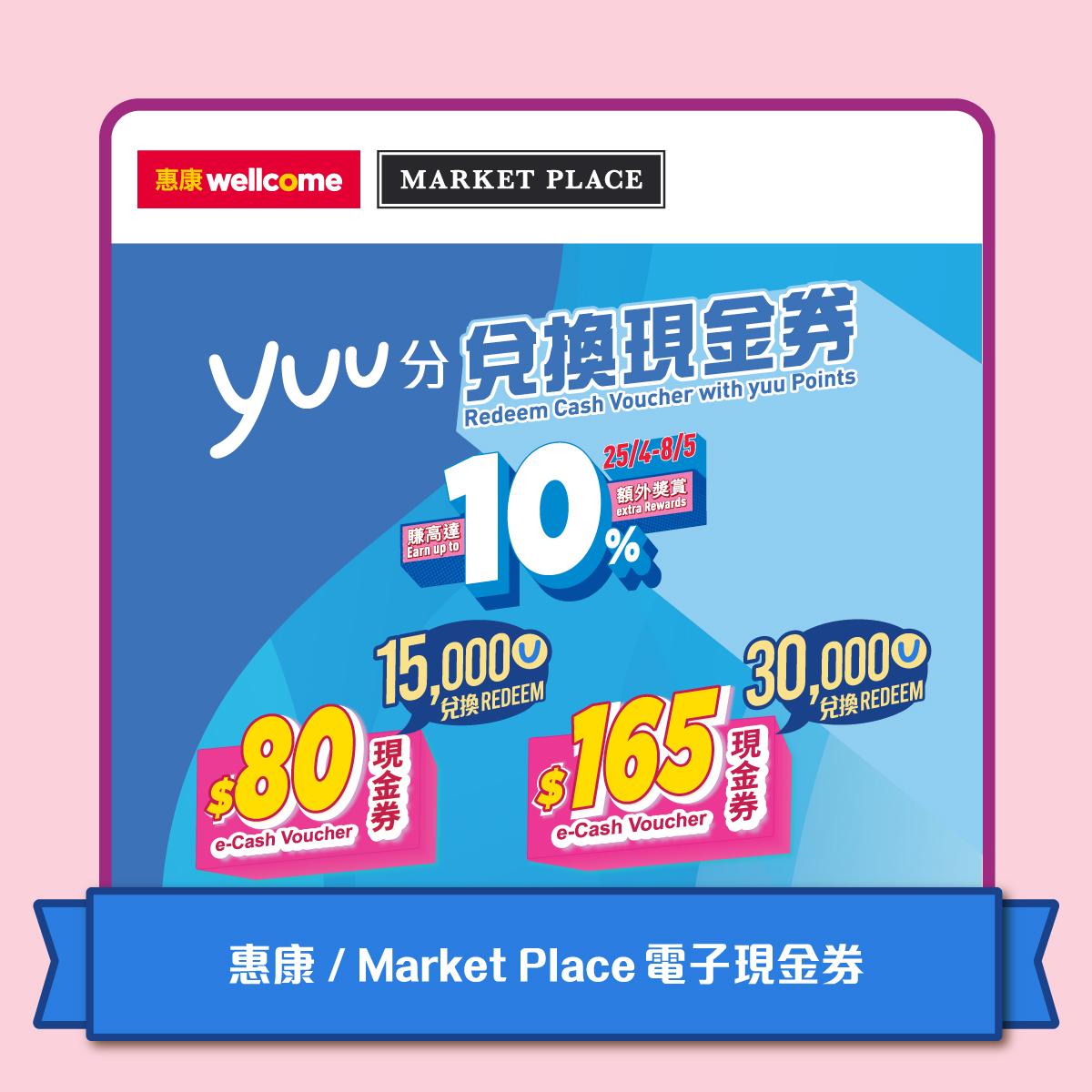 惠康/Market Place -【 額外獎賞!】憑15,000/30,000積分兌換HK$80/$165惠康 _ Market Place電子現金券1張