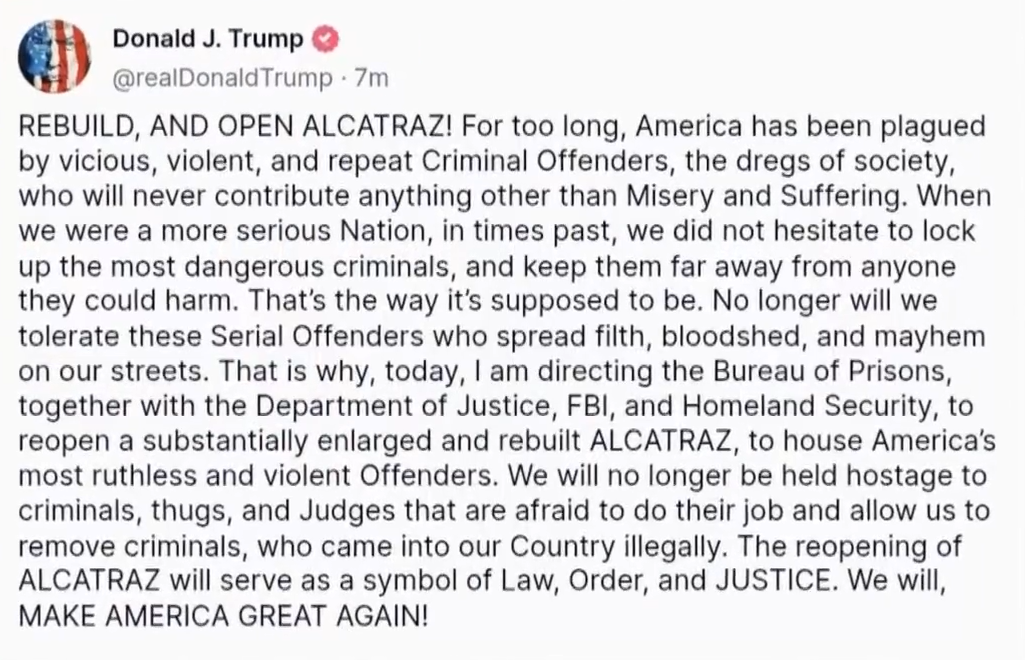 特朗普下令重開擴建「惡魔島」監獄。(資料圖片)