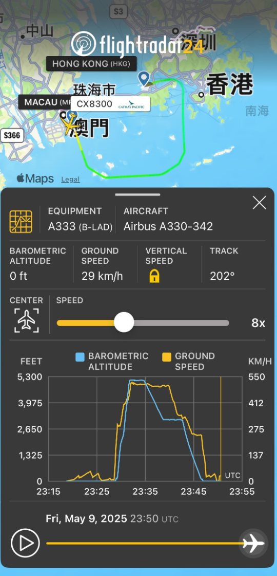 有網民翻查即時飛行狀況網站Flightradar24,確認有這班空中巴士A330航機,起飛時間為7時05分,飛行時間為19分鐘。及後航機於早上10時離澳回港,飛行時間為14分鐘。