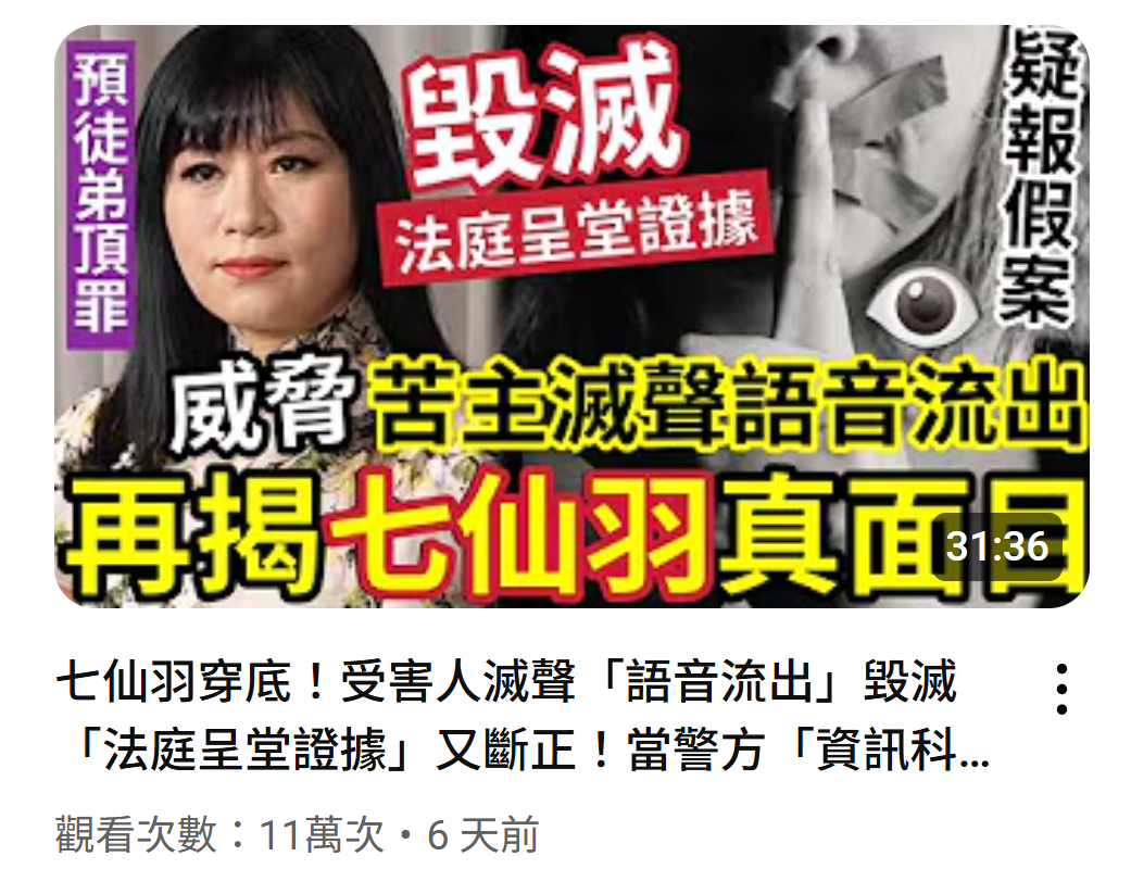 七師傅直指YouTuber「伍仔」發布多段對她構成誹謗的影片。