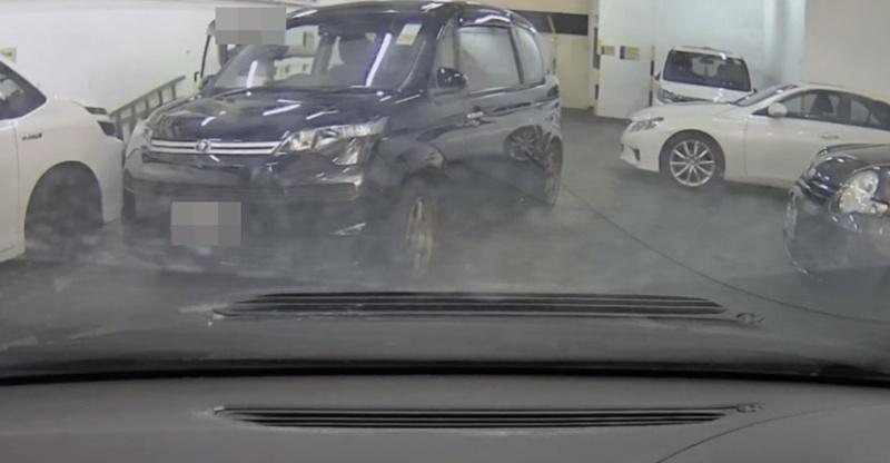 女司機慌忙探身入座駕試圖「救車」不果,結果連人帶車撞向保安更亭。(FB/車cam L (香港群組) )