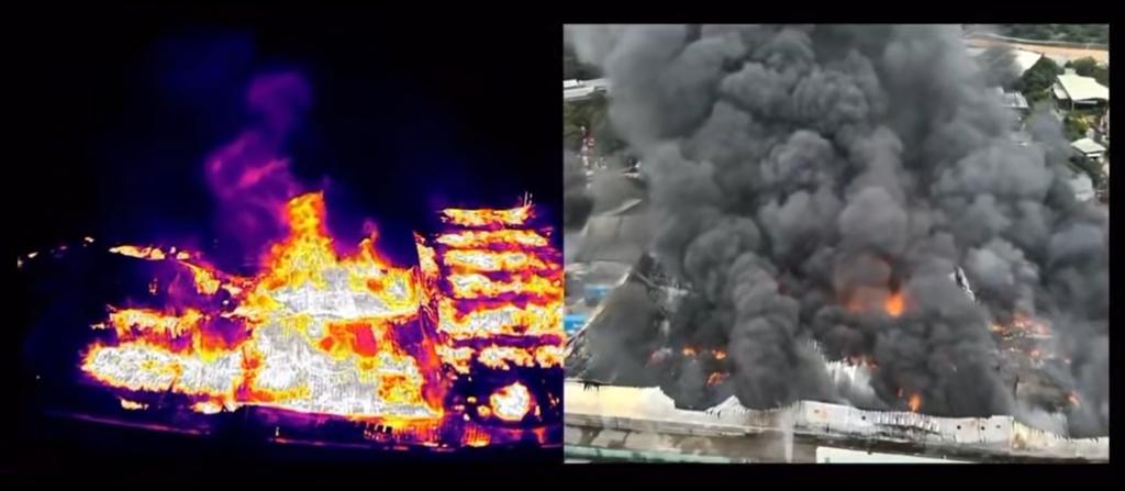 天水圍物流公司三級火警,焚燒17小時仍未撲熄。(FB/香港消防處)