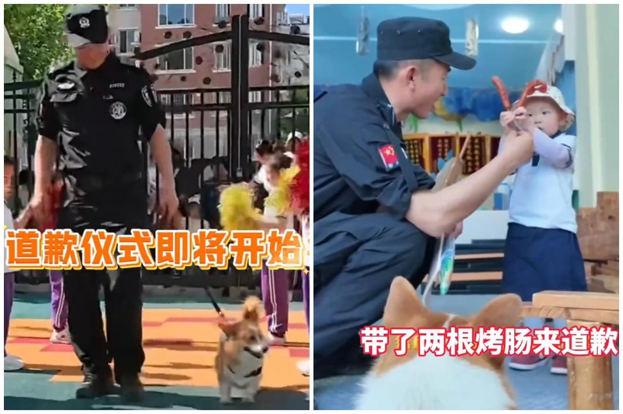 福仔到被搶烤腸小朋友就讀的幼稚園,向事主送上兩條燒腸仔道歉。(微博)