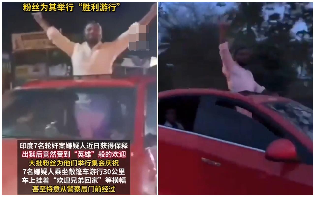 輪姦案疑犯保釋出獄獲「英雄式」歡迎,親友粉絲開篷車遊行惹公憤。(IG)