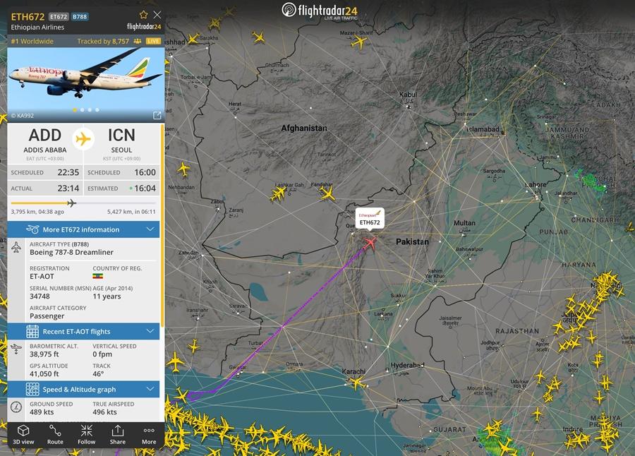 另一架衣索比亞航空航班ETH672,同樣選擇貫穿巴基斯坦領空,直飛首爾。(X)