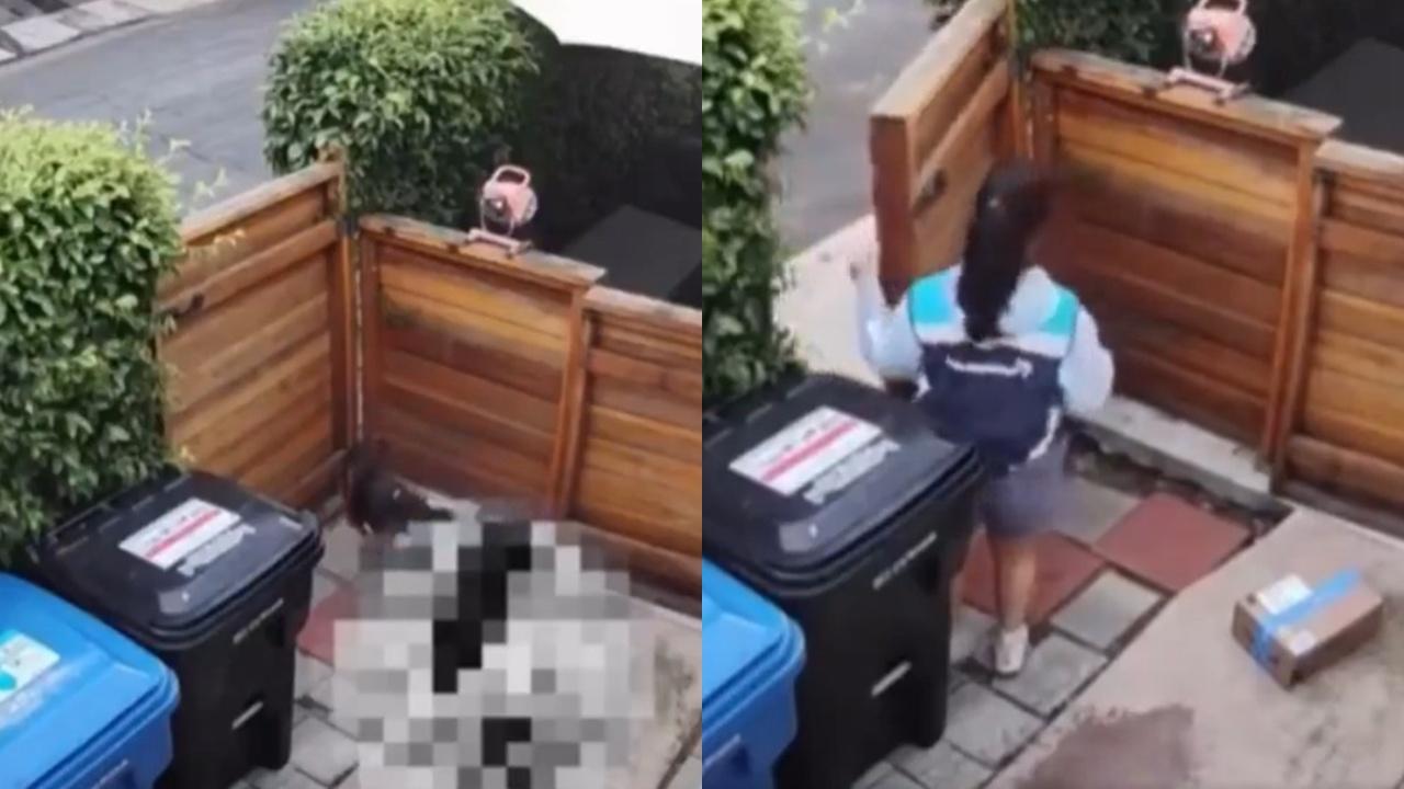 女送貨員在另一屋外前院,除下短褲,接著地面出現不明液體。(X)