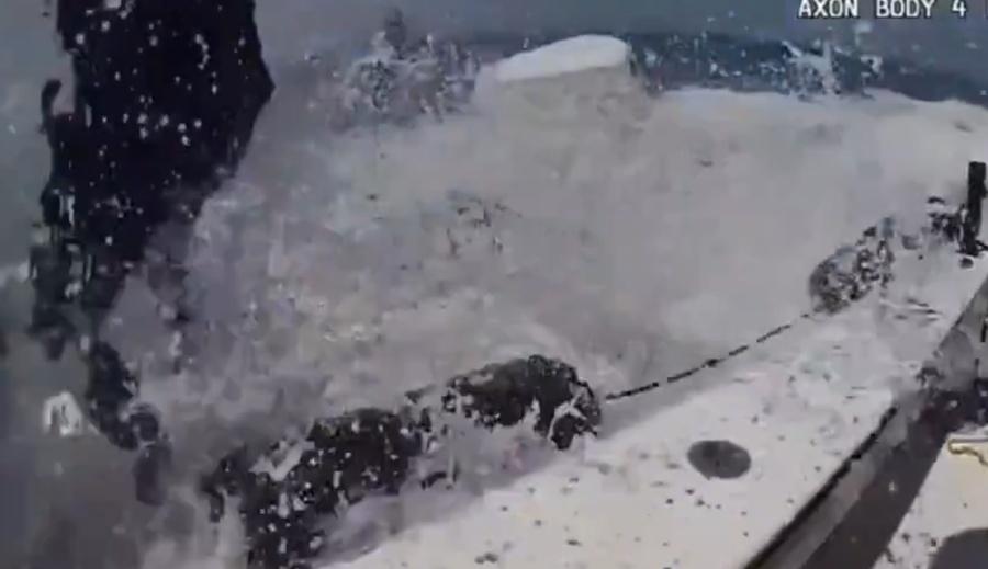 海警看準時機躍身跳到艇上,並迅速關閉快艇引擎,解決危機。(X)