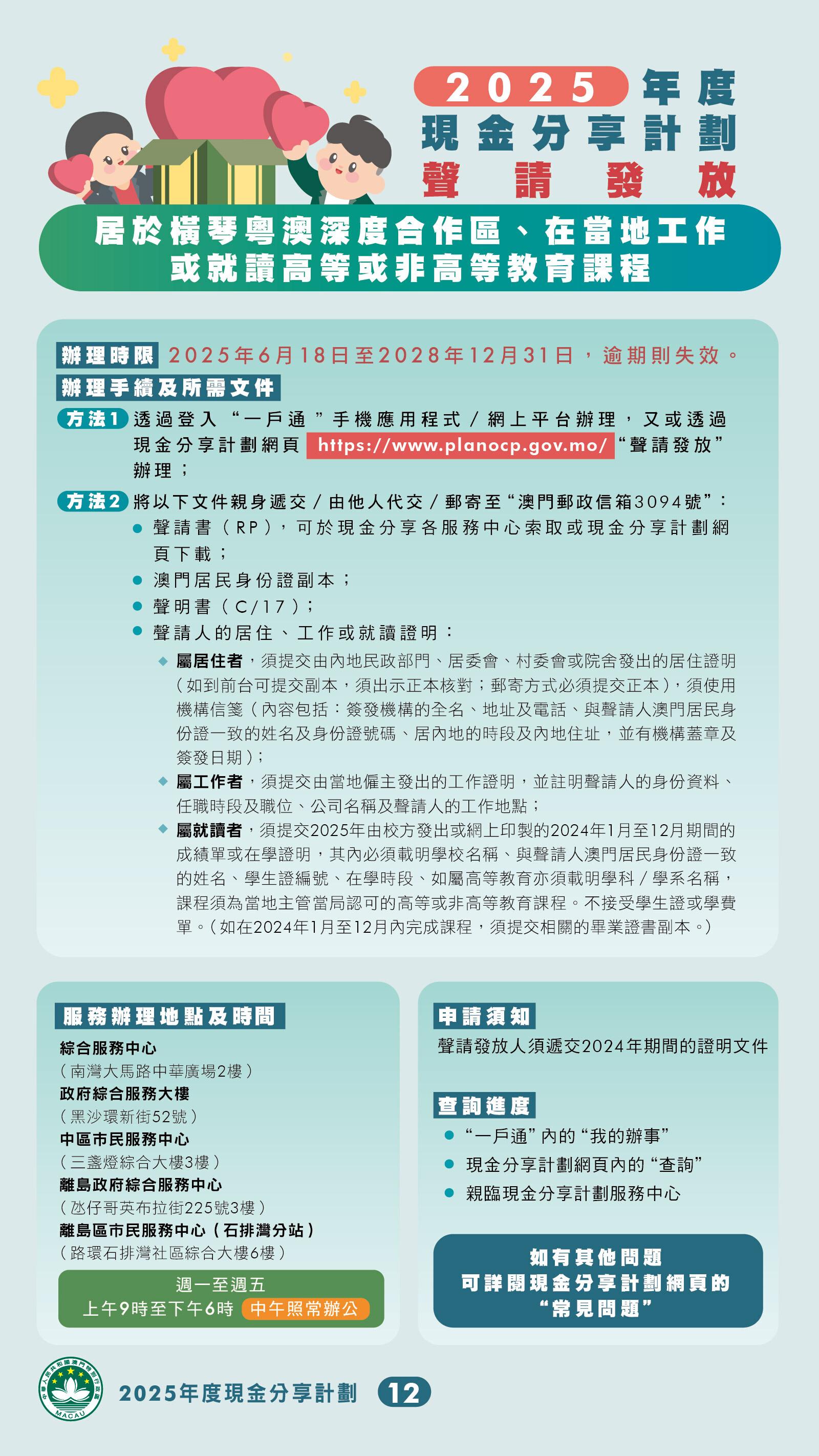 澳門本年度現金分享將於7月15日起發放,澳門特區政府新設去年全年逗留澳門至少183天的條件,3類人士可獲豁免,另8種不在澳門的情況可聲請發放款項。(澳門特區政府)