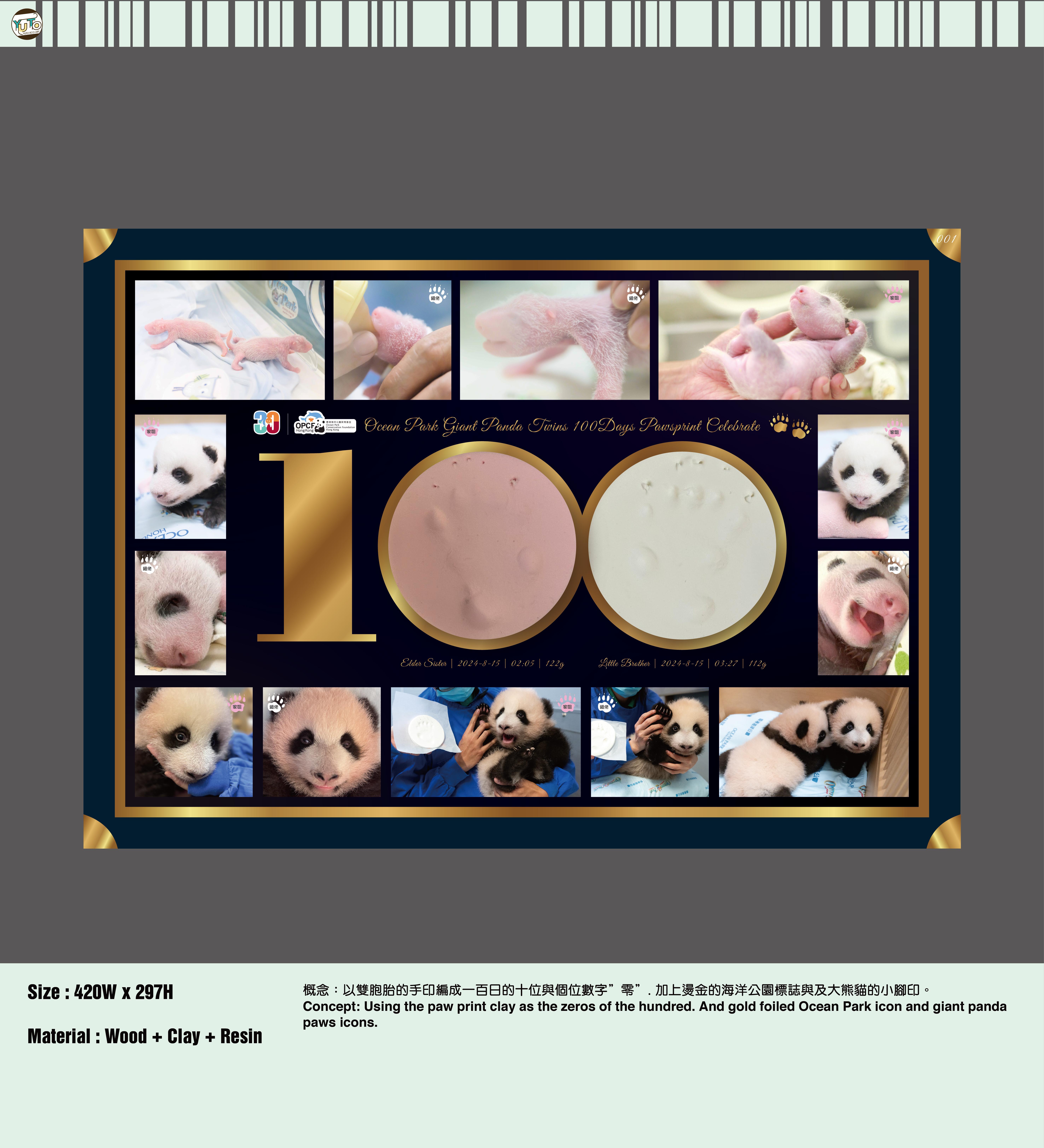 大熊貓雙胞胎(家姐與細佬) 百日足印(共 5 個)底價: 雙胞胎百日慶祝小爪印 – 001 – 港幣$20,000 雙胞胎百日慶祝小爪印 –港幣$10,000