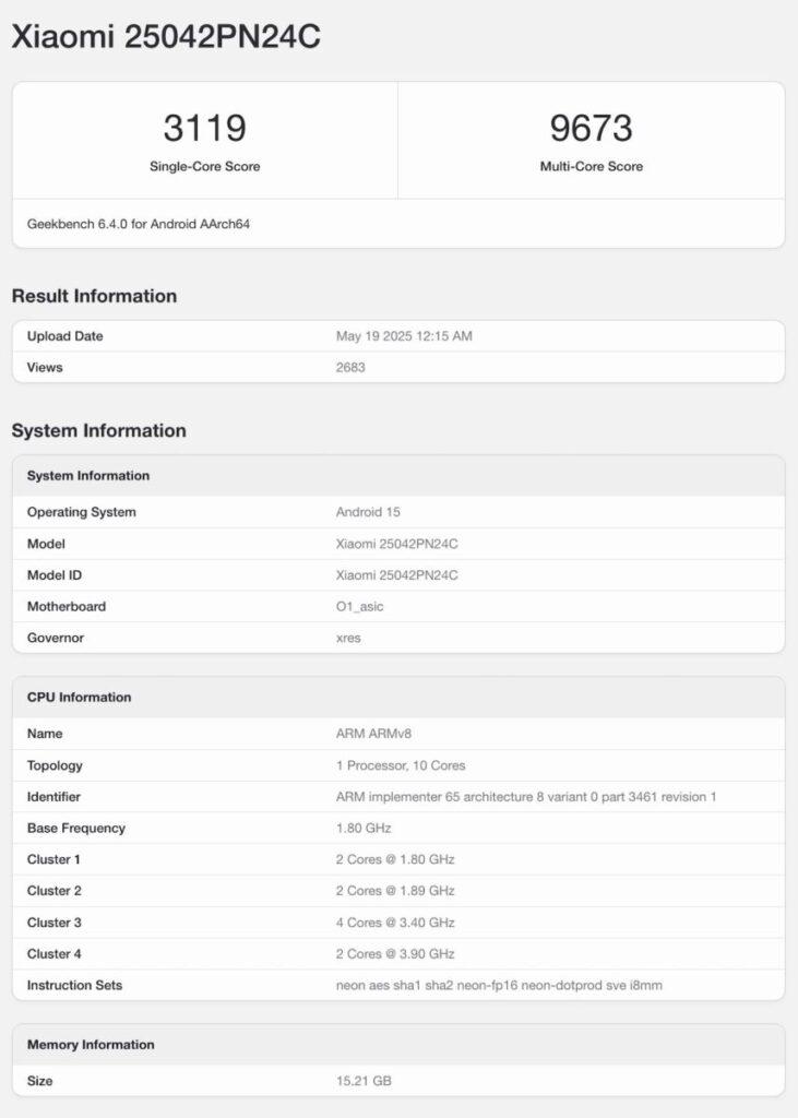 而 GeekBench 數據庫最新上傳資訊,配備玄戒O1 的 Xiaomi 25042PN24C 測試機,在《GeekBench 6》獲 3,119 單核、9,673 多核成績,表現跟 S8 Elite 同級。