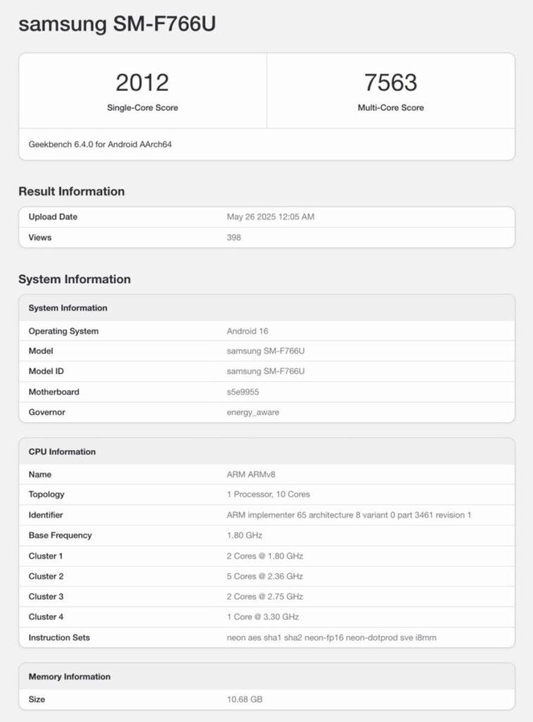 本文刊登時在 GeekBench 數據庫,以關鍵字 SM-F766U 亦即 Z Flip7 型號搜尋,可找到一組《GeekBench 6》單核 2,012、多核 7,563 數據。