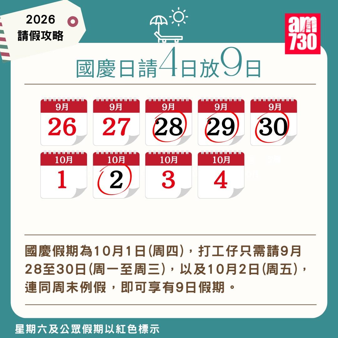 2026年公眾假期請假攻略|(am730製圖)
