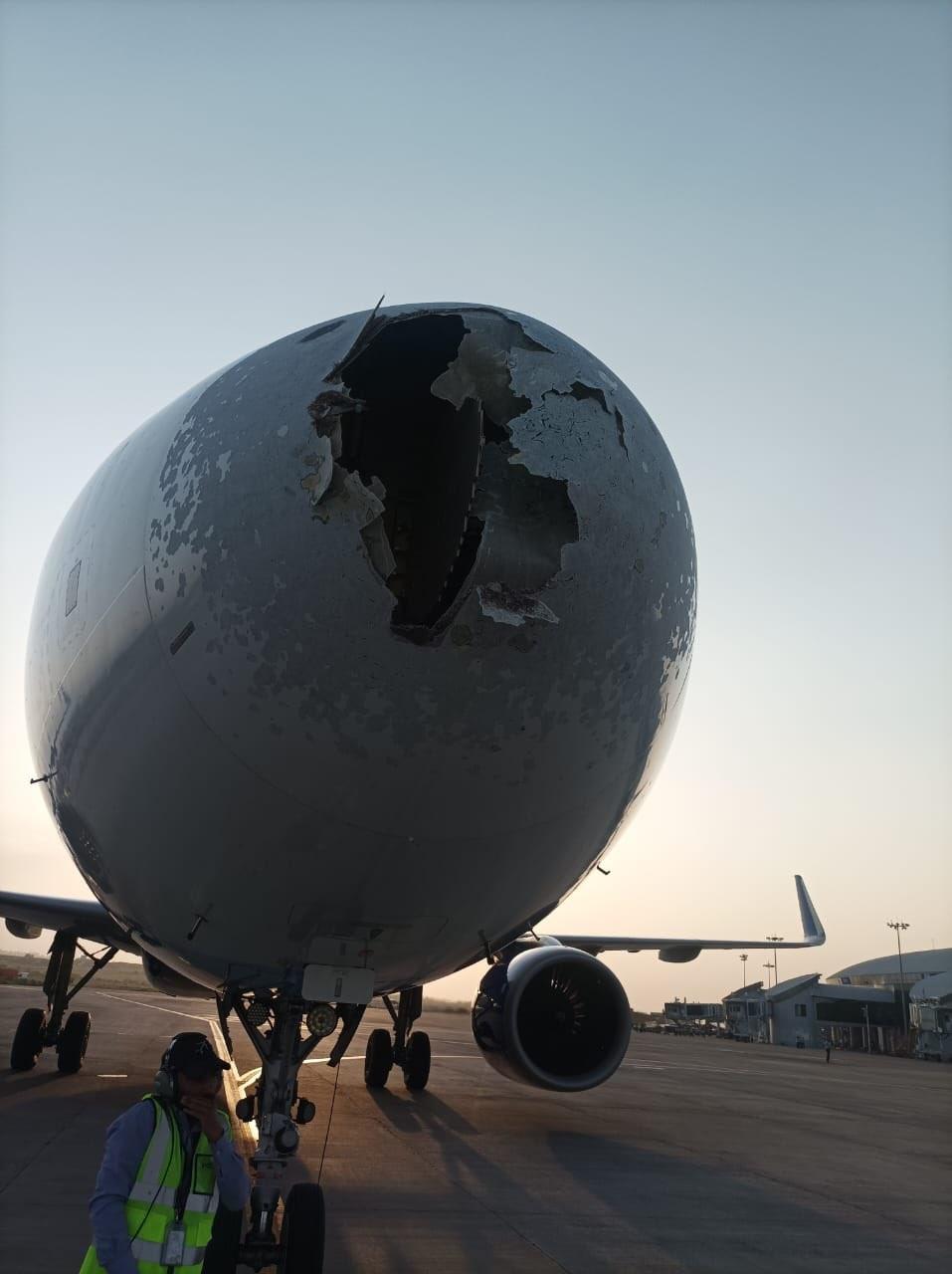 印度客機安全降落,機鼻遭冰雹擊穿。(互聯網)