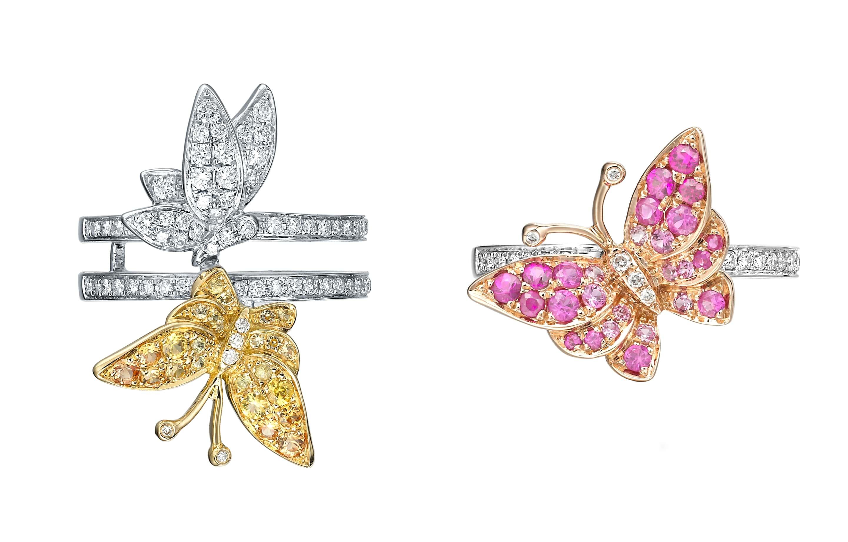 莊莎娜設計的 Dancing Butterfly 可拆式鑽石黃色及粉紅色藍寶石 18k 金蝴蝶造型戒指 底價:港幣$20,000