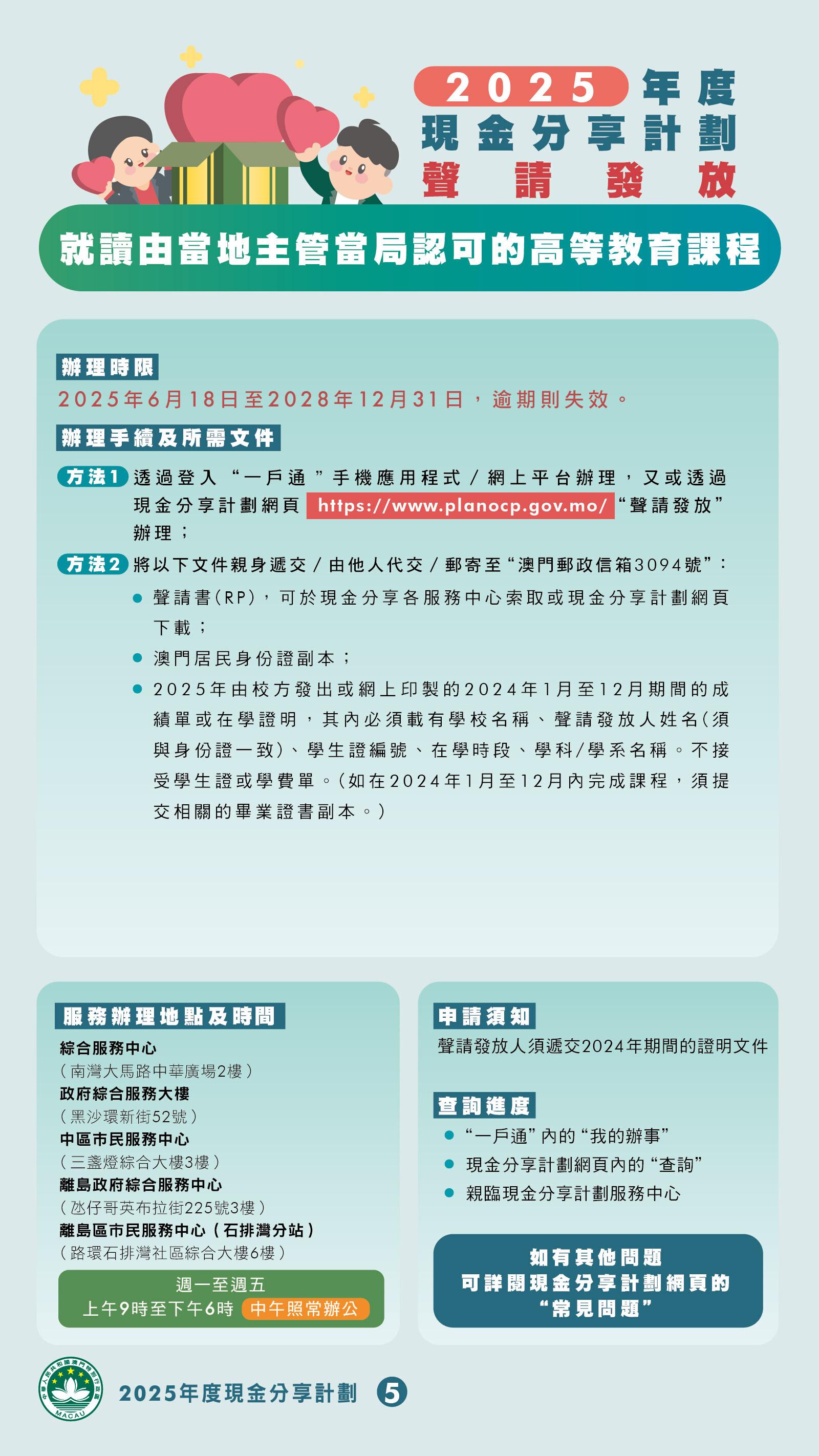 澳門本年度現金分享將於7月15日起發放,澳門特區政府新設去年全年逗留澳門至少183天的條件,3類人士可獲豁免,另8種不在澳門的情況可聲請發放款項。(澳門特區政府)