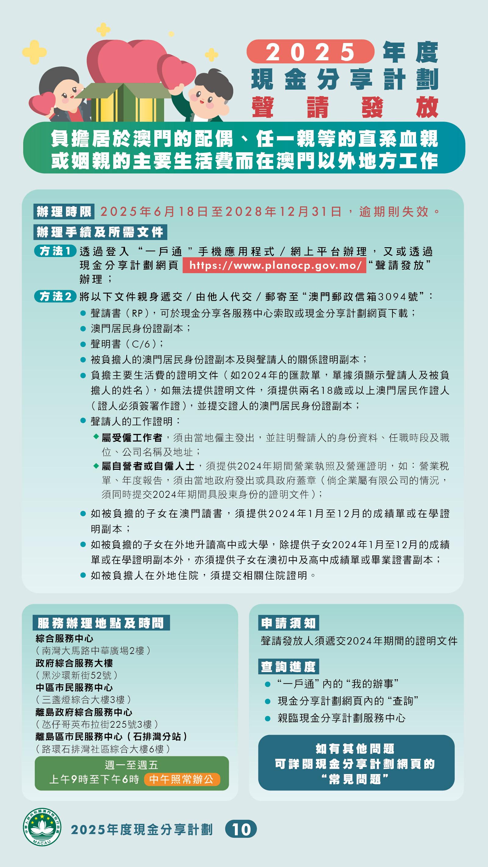 澳門本年度現金分享將於7月15日起發放,澳門特區政府新設去年全年逗留澳門至少183天的條件,3類人士可獲豁免,另8種不在澳門的情況可聲請發放款項。(澳門特區政府)