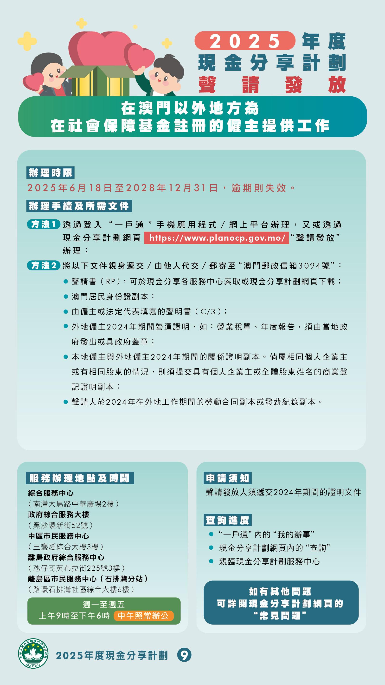 澳門本年度現金分享將於7月15日起發放,澳門特區政府新設去年全年逗留澳門至少183天的條件,3類人士可獲豁免,另8種不在澳門的情況可聲請發放款項。(澳門特區政府)