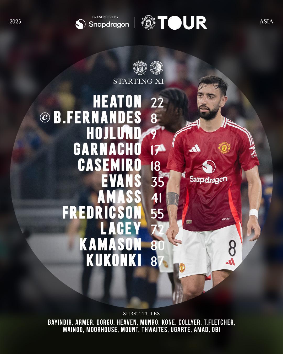 曼聯對香港正選陣容,般奴費南迪斯(Bruno Fernandes)在列。