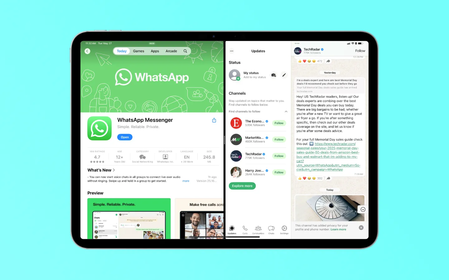 iPad版WhatsApp支援iPadOS多工處理功能,例如Stage Manager、分割顯示和滑動置前等。