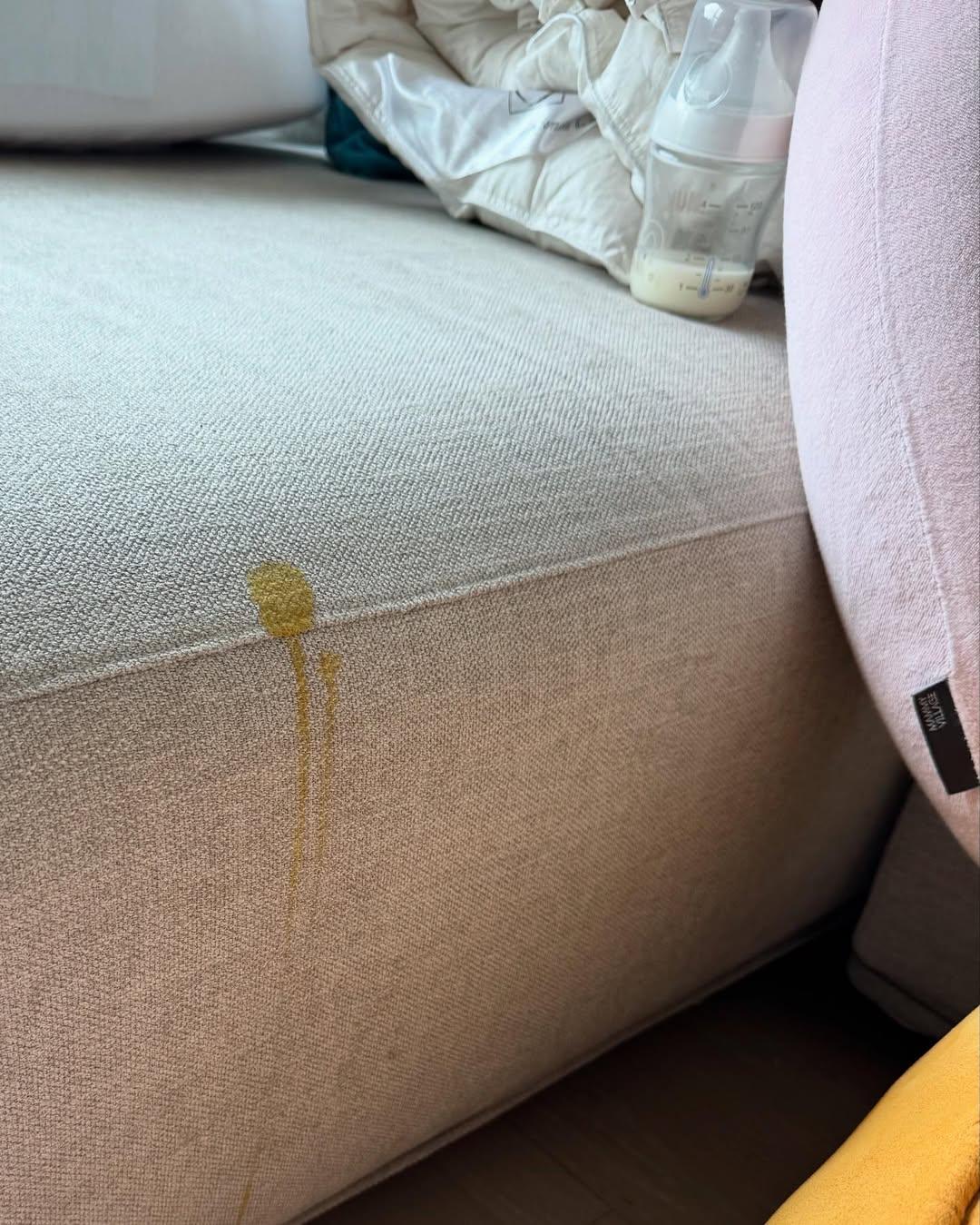 麥明詩發布多張湊B日常的照片,見到梳化有疑似屎跡。