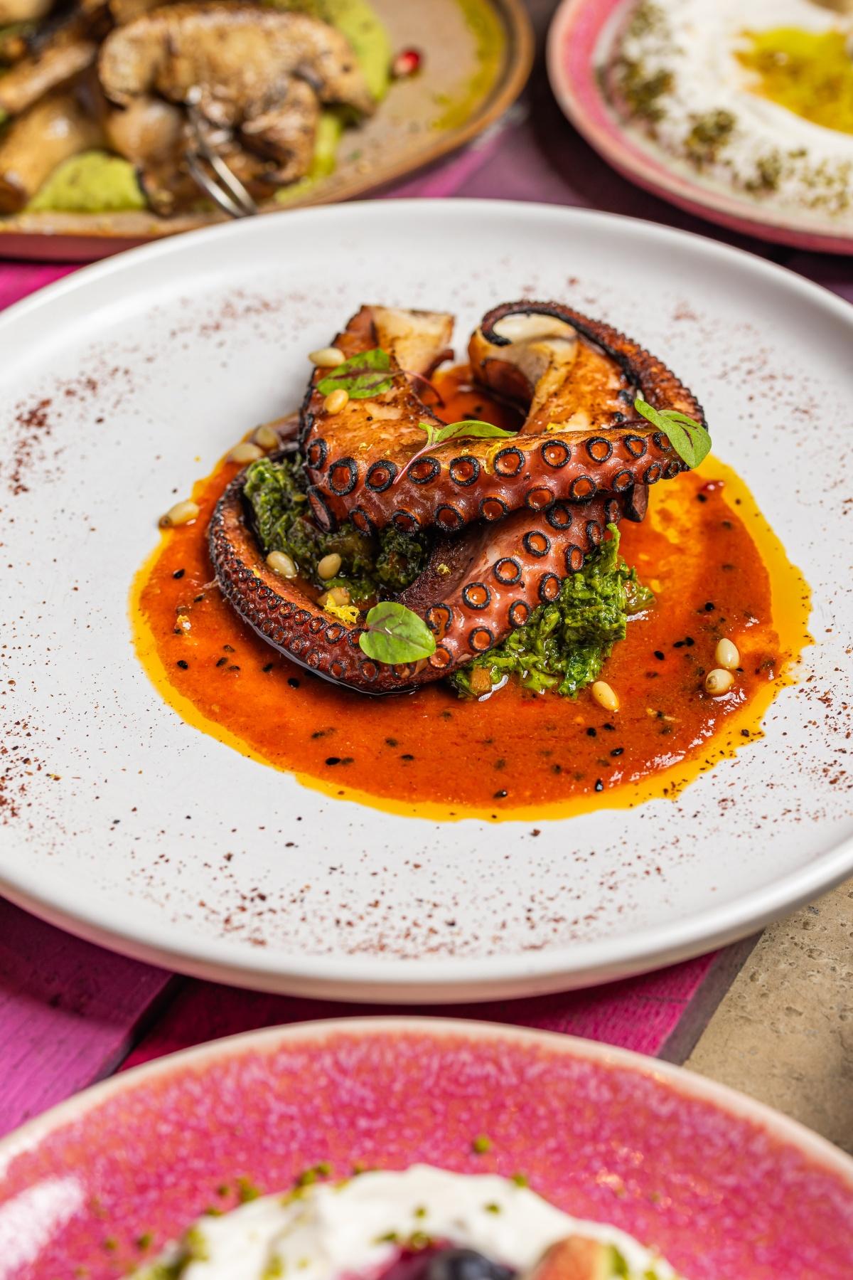 烤八爪魚配 Harissa醬、松子仁及檸檬皮