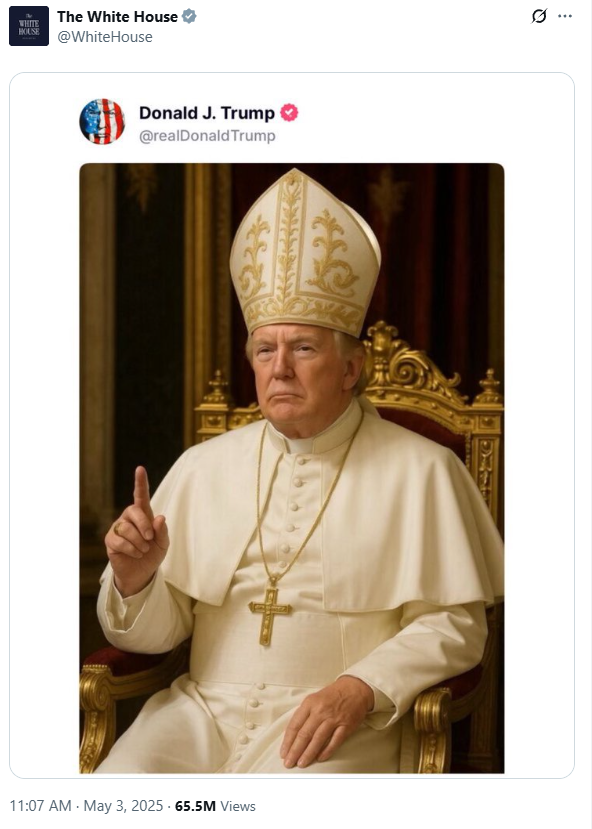 美國總統特朗普上周五(2日)在旗下社交平台Truth Social上載「特朗普版教宗」個人AI改圖,白宮在社交平台X的官方帳號跟着轉載
