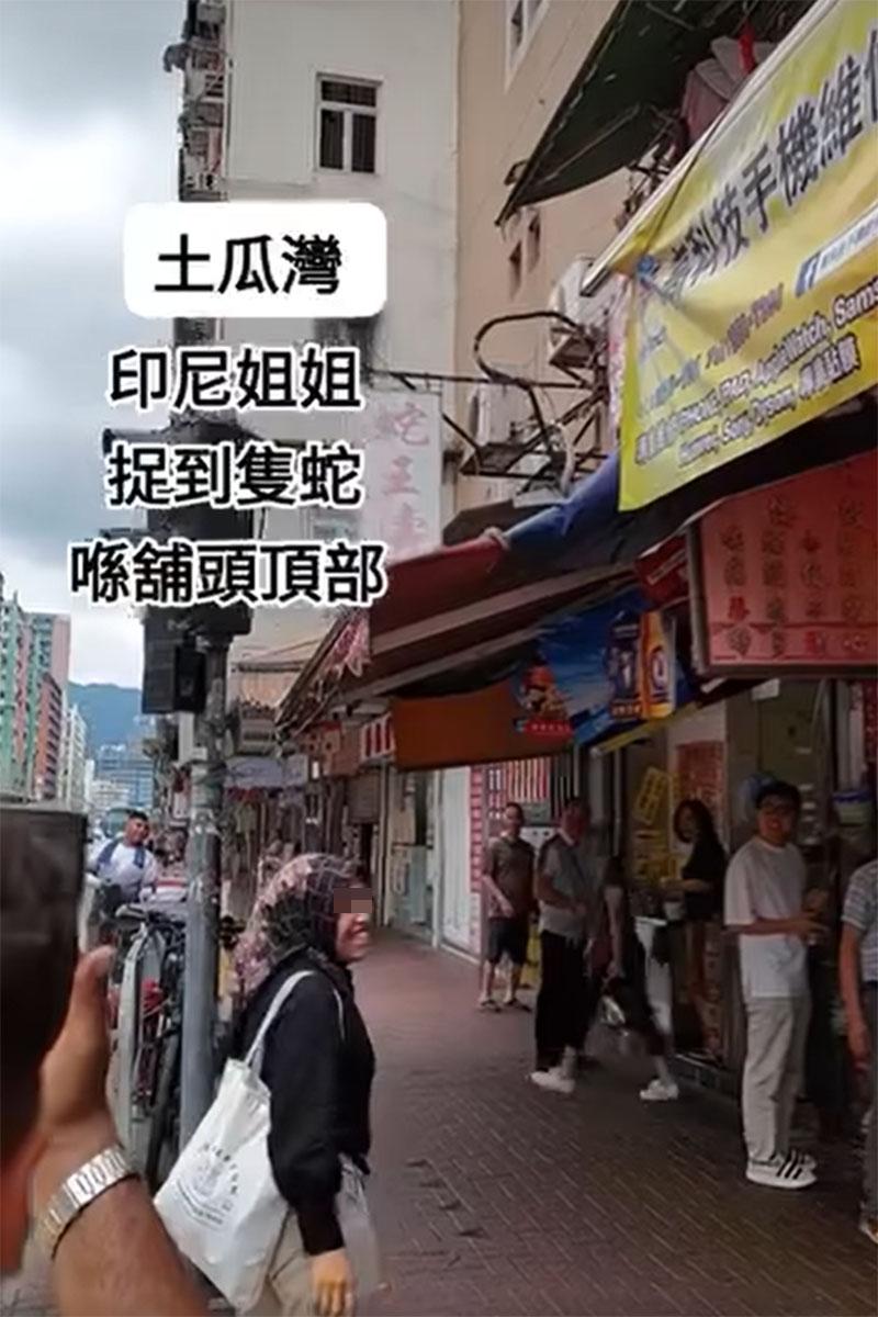 網傳影片顯示土瓜灣一間地舖簷篷有一條大蛇,有外傭徒手將其制服。(網上影片截圖)