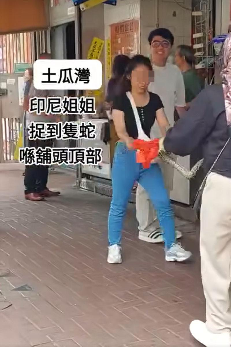 外傭徒手制服大蛇,但其同行朋友對此感懼怕。(網上影片截圖)