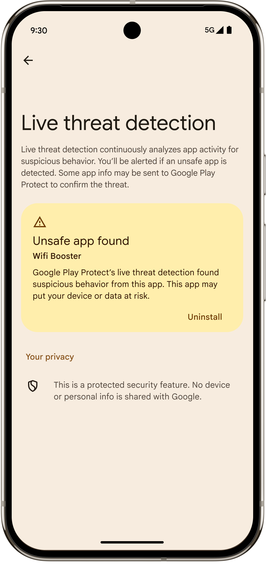 Google Play Protect的實時威脅偵測功能將能識別應用程式,並在偵測到欺詐行為時向用戶發出警告。