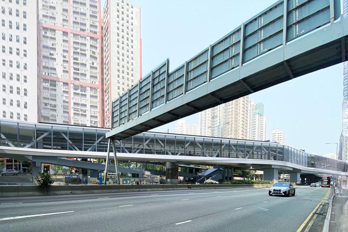 私營機構擬議興建橫跨觀塘道及巧明街的行人天橋項目效果圖。(發展局網誌圖片)