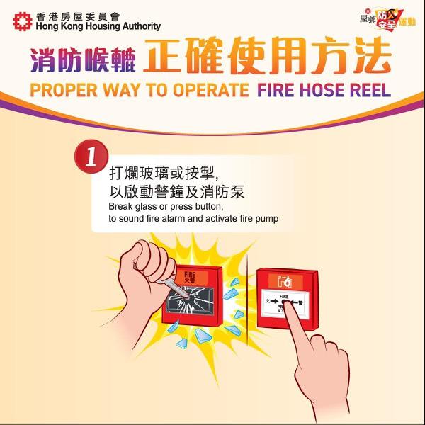 屋邨防火安全運動|消防喉轆正確使用方法,1.打爛玻璃或按掣,以啟動警鐘及消防泵(香港房委會)