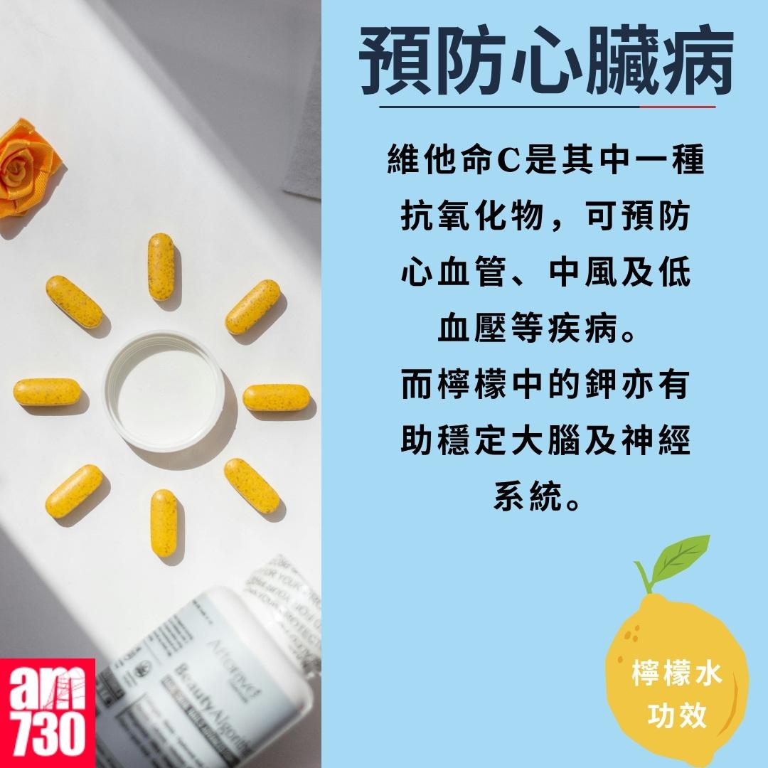 檸檬水功效|預防心臟病(am730製圖)