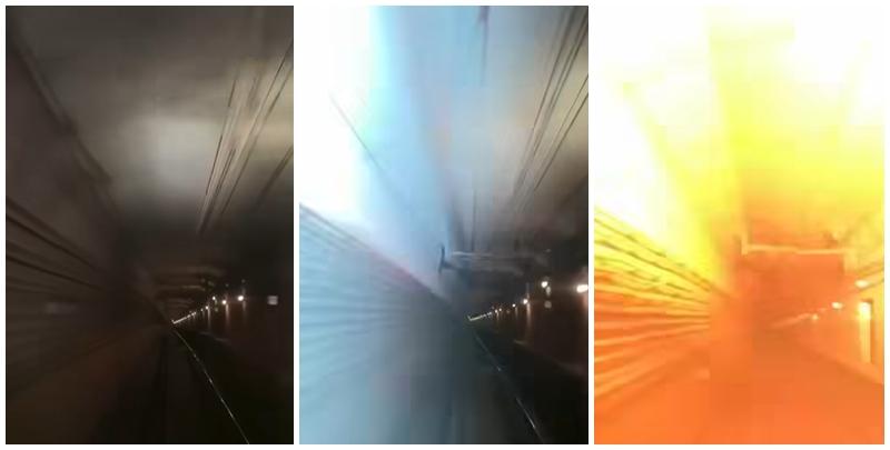 港鐵將軍澳綫停駛|網上影片拍到列車於隧道行駛期間,外面出現「爆閃」火光及巨響,該短片並非事發一刻拍到,而是工程人員及後以無載客列車測試時,再次出現短路情況。(Riders fb專頁)