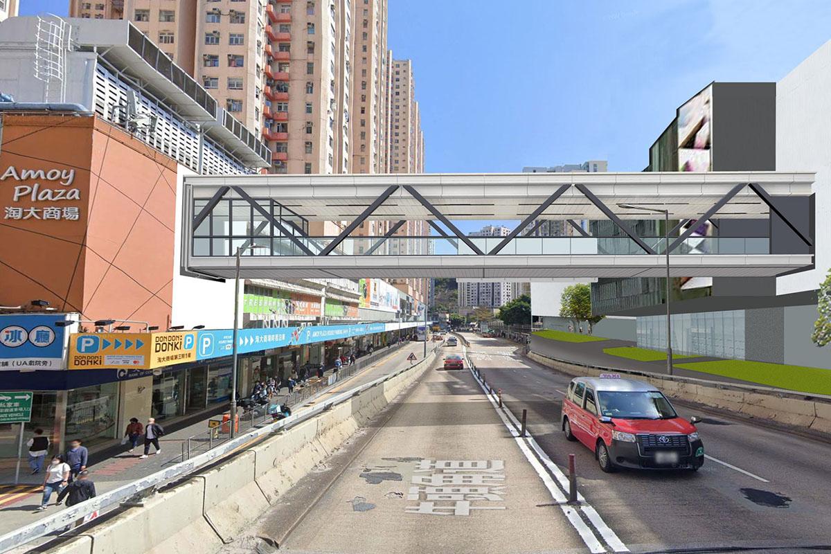 淘大花園至東九文化中心的行人天橋項目效果圖。(發展局網誌圖片)